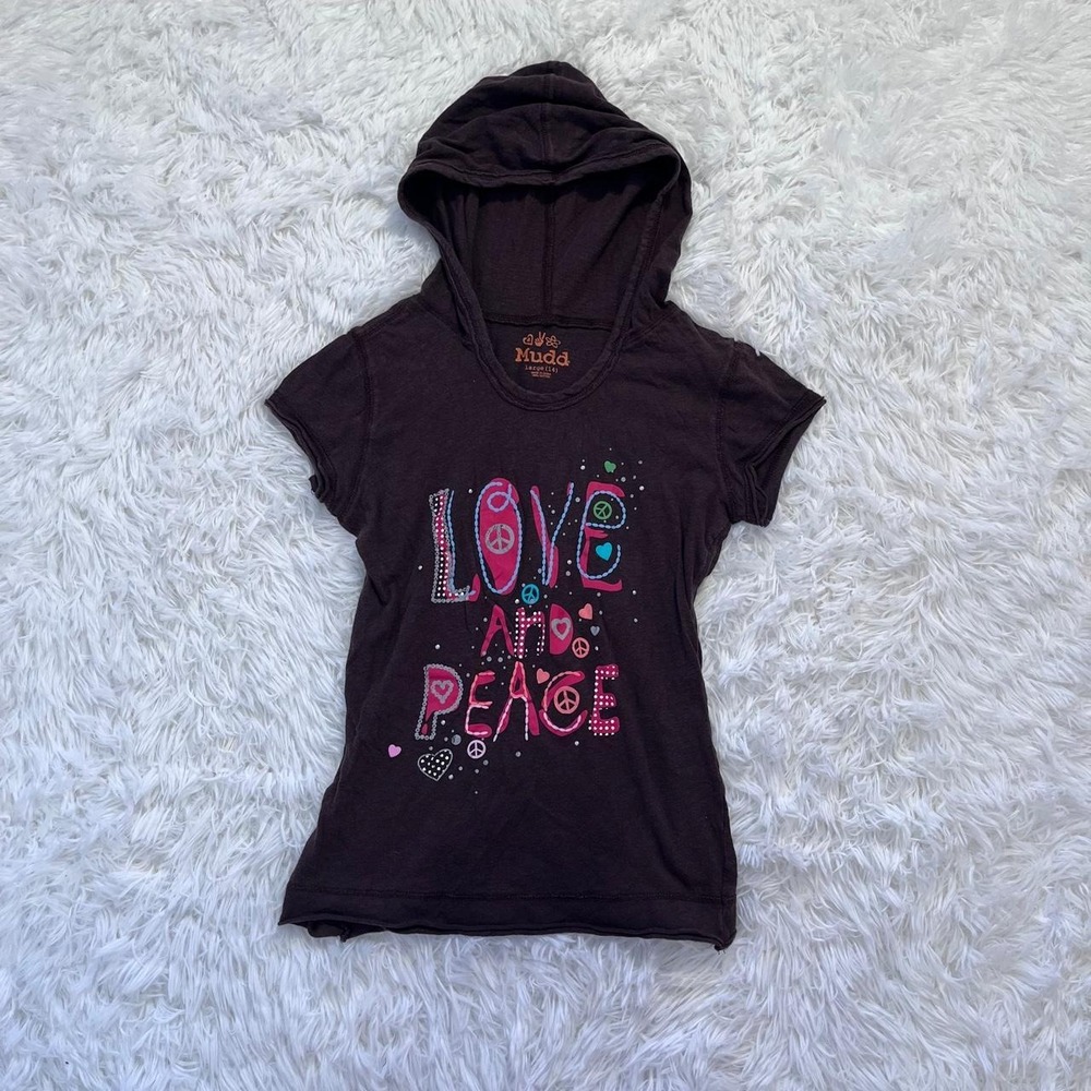 y2k brown & pink love and peace graphic hooded top xs